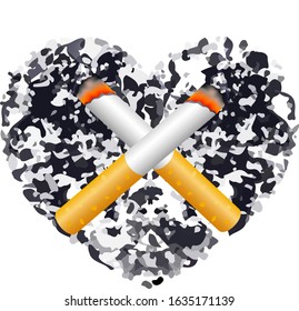 Cigarette on black heart shape. Stop smoking, World no tobacco day. Smoking is harmful to human organs. Resulting in organ damage and premature. Illustration on white background.