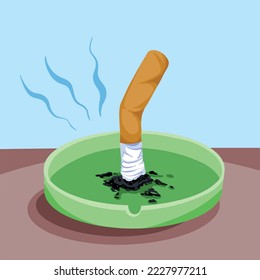 Cigarette on green ashtray with black ashes vector illustration. Drawing on blue background and wooden brown desk isolated.