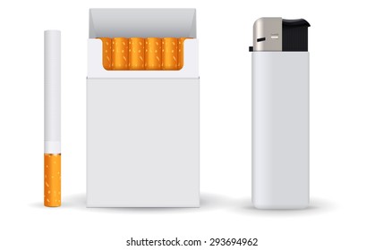 Cigarette, Pack of cigarettes and Lighter. Vector Illustration isolated on white background.