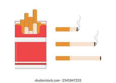 Embalagem de cigarro e cigarros definir diferentes fases de queima, processo de queima de cigarro de novo cigarro para bunda, Fumar produtos com cinzas, charuto prejudicial, isolado no fundo branco.