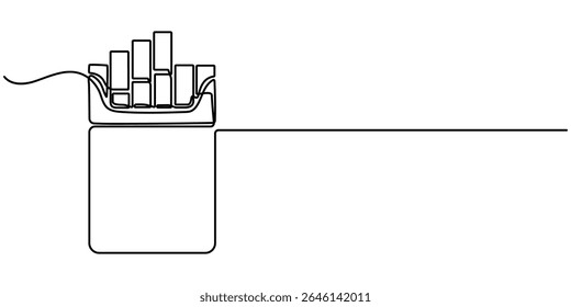 ícone de maço de cigarros desenho contínuo de uma linha, ilustração vetor de linha contínua de um maço de cigarros de filtro, Uma caixa de cigarros com um rótulo de advertência, conceito Cigarettes pro.