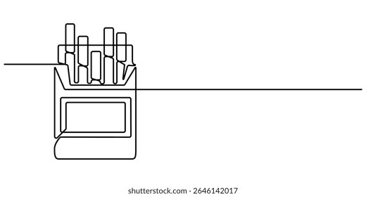 ícone de maço de cigarros desenho contínuo de uma linha, ilustração vetor de linha contínua de um maço de cigarros de filtro, Uma caixa de cigarros com um rótulo de advertência, conceito Cigarettes pro.