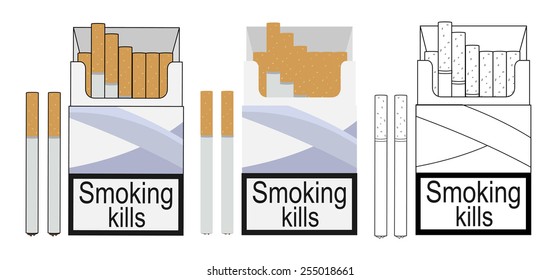 Cigarette pack icons. Color, no outline, linear. Vector clip art illustrations isolated on white
