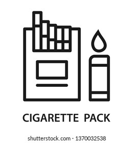 Cigarette pack with lighter icon. Stroke outline style. Vector. Isolate on white background.
