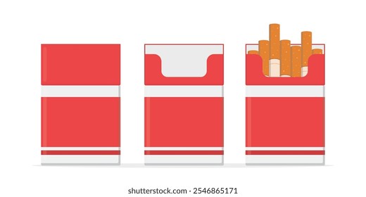 Cigarette product mockup template. Set of cigarette box package, isolated on white background. Closed and open tobacco packages for advertisement. flat vector illustration