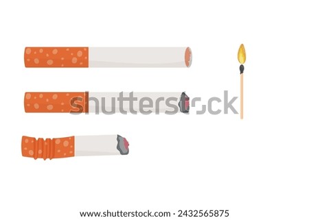 cigarette set, cigarette butt, match, no tobacco. Vector illustration on white background.