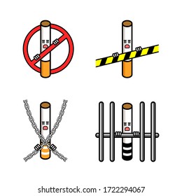 Cigarrillos con un signo de prohibición diferente. Ilustración de vectores dibujados a mano.