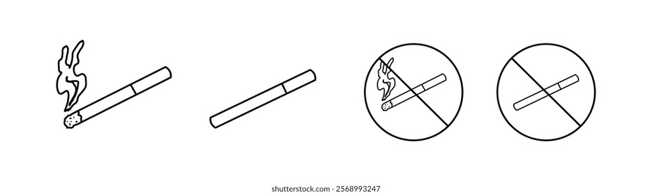 Cigarette set icons. Prohibitory sign icons. Linear and silhouette style. Vector icons.