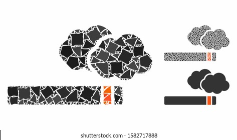 Cigarette smoke composition of irregular parts in various sizes and color hues, based on cigarette smoke icon. Vector inequal parts are composed into collage.