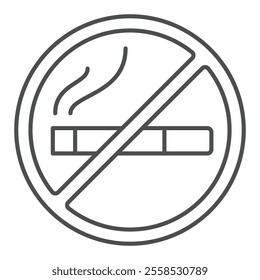 Cigarette with smoke forbidden thin line icon, smoking prohibited concept. Vector graphics. Tobacco stick sign on white background, outline style icon for mobile or web design