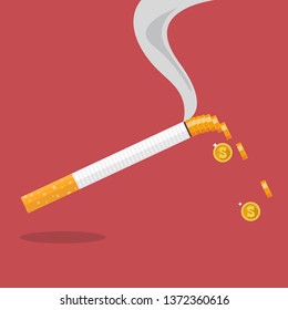 Cigarette with a smoke formed coin. wasting money concept. Vector illustration