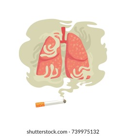 Cigarette smoke and lungs, bad habit, dangers of smoking, nicotine addiction cartoon vector Illustration