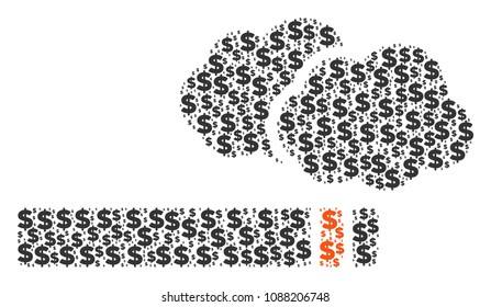 Cigarette smoke mosaic of dollars and circle spots. Vector money symbols are organized into cigarette smoke composition.