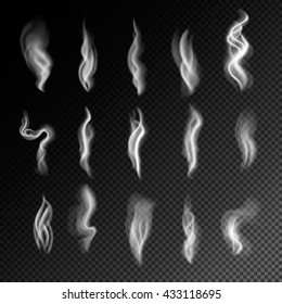 Fuma de cigarrillo en fondo transparente. 3d ilustración. Humo aislado sobre negro. vectorial. Conjunto de textura realista de humo o vapor, creado con malla degradada. 15 gases 3d.
