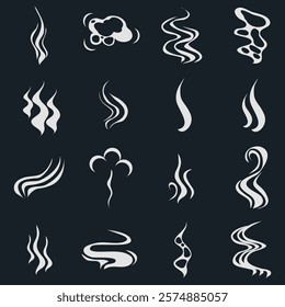 Cigarette smoke, set of smoke icons isolated on black background. Vector, designer illustration. Vector.