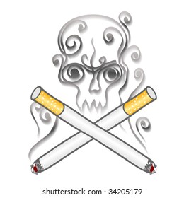 Cigarette smoke and skull. Vector illustration.