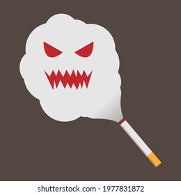 Cigarette with smoke that forms an evil face. scary face in cigarette smoke. flat design vector illustration. isolated background.