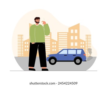 Cigarette smoke and vehicle exhaust are the causes of air becoming toxic, pollution vector illustration.