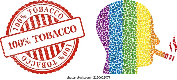 Cigarette smoker composition icon of round dots in different sizes and spectrum colored color tinges. Red round distress stamp with 100 Percent Tobacco message.