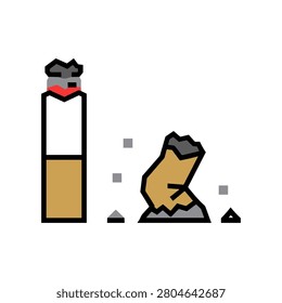 Cigarette and smoking ash stub vector icon with cigarette addiction illustration unhealthy cessation isolated