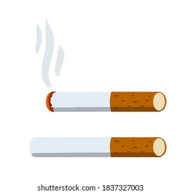 Cigarette. Smoking and a cigarette butt with smoke. Bad habit. Set of Horizontal objects. Harm and health. Flat cartoon illustration isolated on white