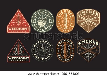 cigarette, smoking cigar, marijuana weed bud joint, smoke pipe retro badge logo design collection for tobacco factory industry and smoker lifestyle company business 
