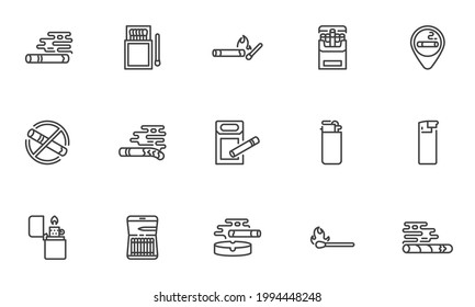 Cigarette smoking line icons set. linear style symbols collection, outline signs pack. Tobacco smoke vector graphics. Set includes icons as burning cigarette and ashtray, match and matchbox, lighter 