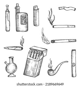 cigarette smoking objects set vector sketches.