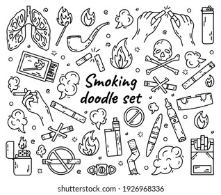 Cigarette smoking outline vector set in doodle style, hand drawing. The concept of bad habits with tobacco, lighters and vape.