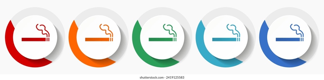 Cigarrillo, juego de iconos vectoriales para fumadores, iconos planos para el diseño de logotipos, diseño web y aplicaciones móviles, botones redondos coloridos