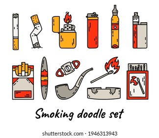 Cigarette smoking vector icons set in doodle style