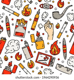 Cigarette smoking vector seamless pattern in doodle style