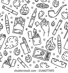 Cigarette smoking vector seamless pattern in doodle style, hand drawing. Black linear tobacco, lighters and vape.