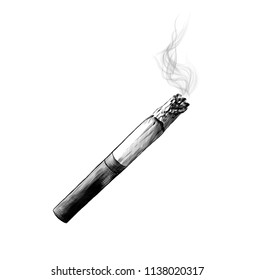 cigarette with smoldering smoke, sketch vector graphics monochrome illustration on white background
