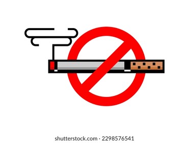 Cigarette stop quit smoking in red prohibition sign pixel flat vector icon design.