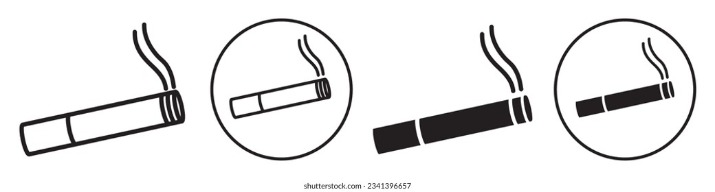 Cigarette symbol icon set in black and white round circle set collection. Flat outlined cigar prohibition area in no smoking sign. Harmful tobacco ban harmful forbidden logo label. Smoker free habit