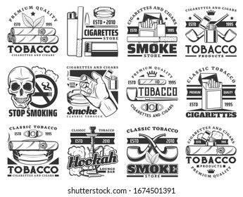 Cigarette, tobacco leaf and smoke cigar vector icons. Cigarette packs, ashtray and smoking pipe, hookah, lighter and smoker hand, skull, nicotine filter, match box and cigar cutter, emblems design