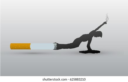 A cigarette from which smoke comes out in the form of a suffocating man