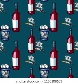 Cigarette, wine and trash bin seamless pattern