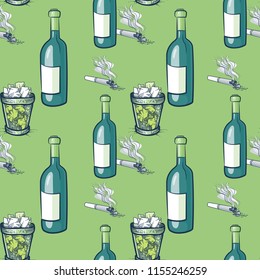 Cigarette, wine and trash bin seamless pattern