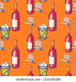 Cigarette, wine and trash bin seamless pattern