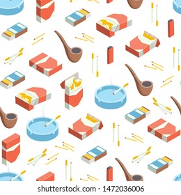 Cigarettes Accessories Smokers 3d Seamless Pattern Background Isometric View Include of Cigar and Pipe. Vector illustration of Icons