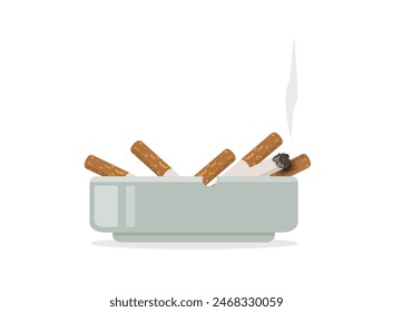 Cigarettes. An ashtray with a smoldering cigarette with smoke. Vector illustration.