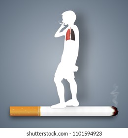 Cigarettes destroy lung health of human as craft style and paper art concept. vector illustration