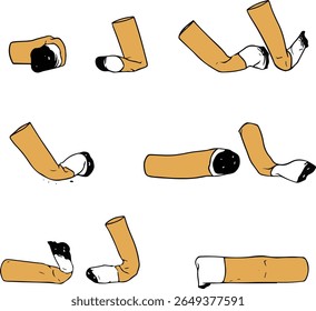 Cigarros de cheio para uma bunda queimada. Esta ilustração vetorial visualiza eficazmente os estágios de tabagismo ou o fim de um cigarro. Ideal para campanhas de saúde, mensagens anti-tabagismo.