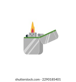 Cigarettes gas lighter with flame icon or symbol flat vector illustration isolated on white background. Lighter device to to light cigarettes and men accessories.
