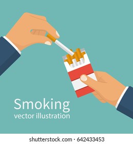 Cigarettes in hand man. Smoker holding open pack of cigarettes. Vector illustration flat design. Isolated on background. Bad habits. Dangers of smoking.