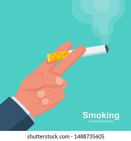 Cigarettes in hand man. Smoker holds a smoking cigarette. Vector illustration flat design. Isolated on background. Bad habits. Dangers of smoking.