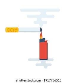 Cigarettes and a lighter. Lighter with fire, cigarette smoke. Vector illustration flat design. Isolated on white background. Cartoon style.