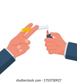 Cigarettes and lighter in hand man. Light a cigarette. Smoker holds a smoking cigarette. Vector illustration flat design. Isolated on background. Bad habits. Dangers of smoking.
